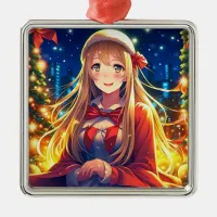 Pretty Anime Girl on Winter Day Christmas Metal Ornament