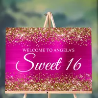 Gold Glitter Hot Pink Foil Sweet 16 Acrylic Sign