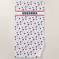 Patriotic Red White Blue Star Pattern with Name Beach Towel