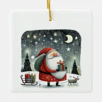 Whimsical Illustration Santa Claus with Gifts Ceramic Ornament