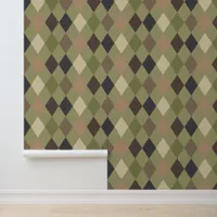 Modern Camouflage Green and Brown Diamond Pattern Wallpaper