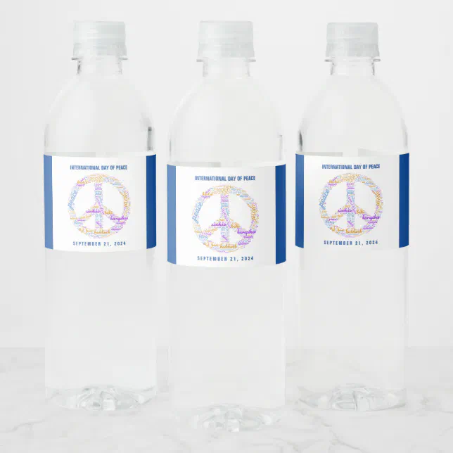 World Peace Day Peace Sign Word Cloud Water Bottle Label