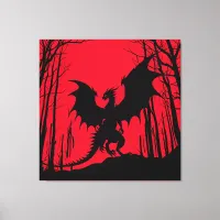 Black Silhouette Dragon on Red - Fantasy | Canvas Print