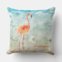 Custom Watercolor Pink Flamingo | Tropical Beach Outdoor Pillow