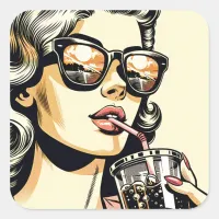 Pop Art Comic Book Pretty Woman Drinking Soda Square Sticker