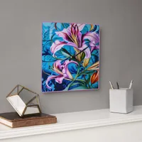 Vibrant Pink Lilies Against a Blue Background Square Wall Clock