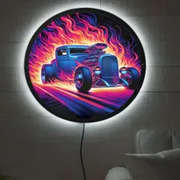 Vivid hotrod racing through fiery trails at sunset LED sign