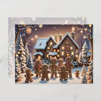 Gingerbread house and cute gingerbread family  postcard