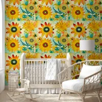 Yellow Sunflowers Folk Art Wallpaper