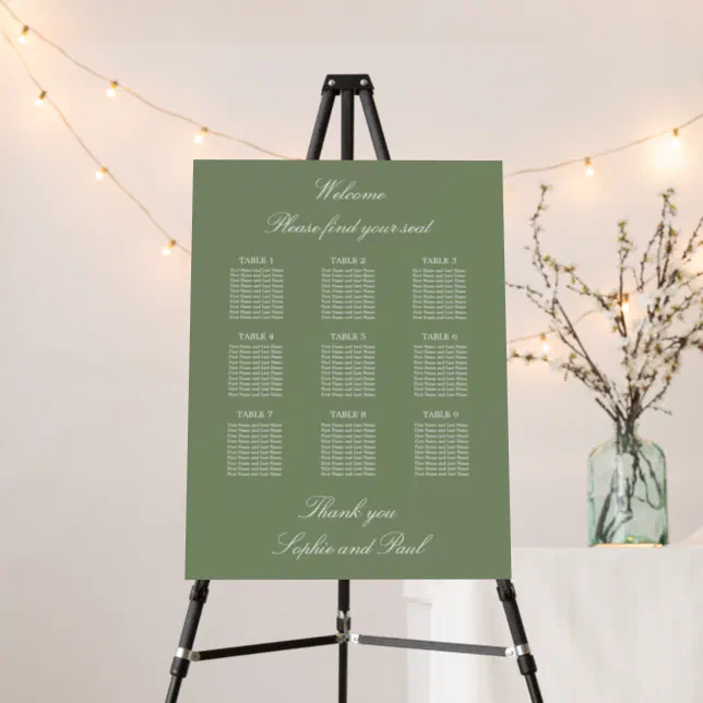 Sage Green 9 Table Wedding Seating Chart Foam Board