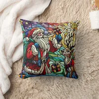 Majestic Stained Glass Santa and Reindeerts Throw Pillow