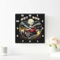 Vibrant hot rod racing under a full moonlit sky square wall clock