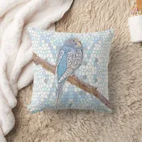 Cute blue budgie on mosaic background    throw pillow