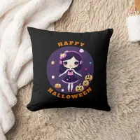 Cute Kawaii Girl in Pumpkins Halloween Throw Pillow