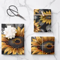 Yellow and Silver Sunflower with Green backdrop Wrapping Paper Sheets