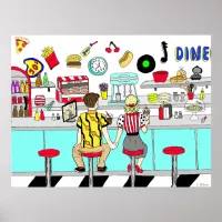 1950's Couple Holding Hands at  Diner Poster