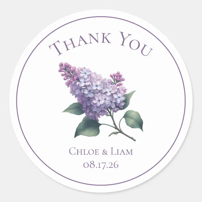 Elegant Lilac Flower Wedding Thank You Classic Round Sticker