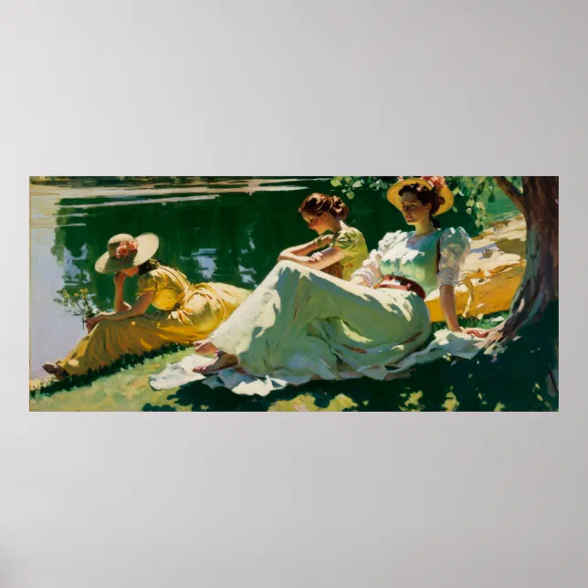 Women Sunning on Lake Shore on a Sunny Day Poster