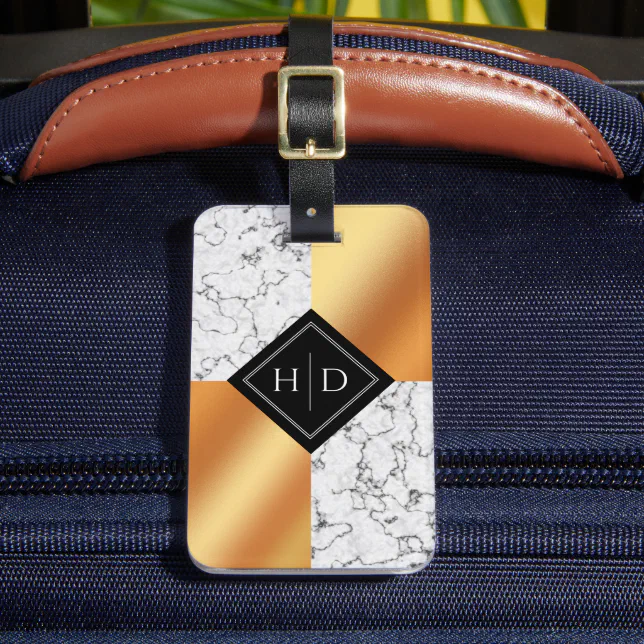 Elegant Marble & Copper Foil Monogram Luggage Tag