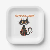 Creepy Black and Orange Cat Halloween Paper Plates