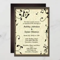 Music Butterfly Leaves Yellow Tan Wood Wedding Invitation