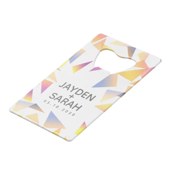 Pastel Triangle Confetti on White Wedding Credit Card Bottle Opener