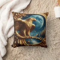 Golden Eagle Perched by Moonlit Lake at Night Throw Pillow