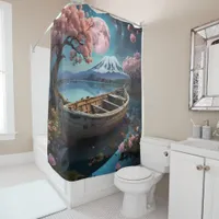 Japanese Boat scene on a beautiful lake bathroom Shower Curtain