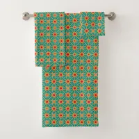 Green Orange & Red Stylish Geometric Pattern Bath Towel Set