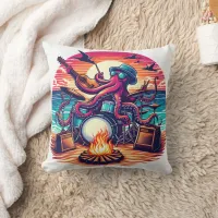 Cool Octopus Playing Music By The Beach Sunset Throw Pillow