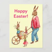 Vintage Easter Rabbit and Family in Egg Cart, ZSSG Holiday Postcard