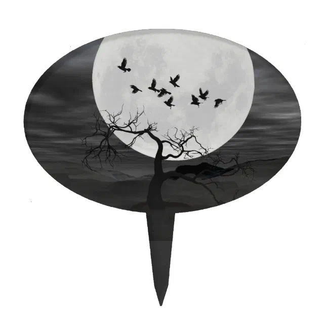 Spooky Ravens Flying Against the Full Moon Cake Topper