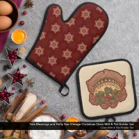 Yule Blessings and Holly Star Vintage Christmas Oven Mitt & Pot Holder Set