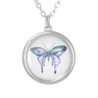 watercolor aqua blue purple butterfly silver plated necklace