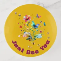 Simple Floral Watercolor Monogram Bee on mustard  Trinket Tray