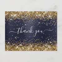 Gold Glitter Midnight Blue Foil Birthday Thank You Postcard