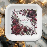 Pretty Burgundy Roses Floral Monogrammed Paper Plates