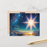 Christmas star, charming winter landscape at night postcard