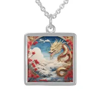 Fire breathing dragon red blue and gold scales sterling silver necklace