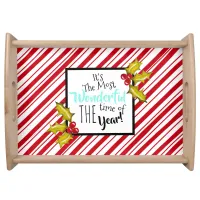 Fun Messy Peppermint Stripe Holly Christmas Quote Serving Tray