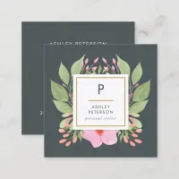 Trendy Cute Watercolor Pink Flowers Monogram Square Business Card