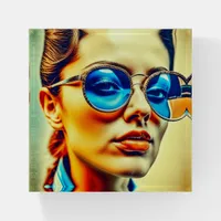 Pretty Lady with Blue Sunglasses with Reflection Paperweight