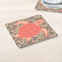 Turtle Ocean Reef Coral and Grey Square Paper Coaster