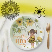 Sunflower Watercolor Fifth Girl Birthday Paper Plates