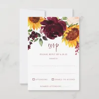 Sunflowers & Burgundy Red Roses Fall Wedding RSVP Card