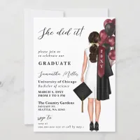 Burgundy  Minimalist Photo She Did It Graduation Invitation