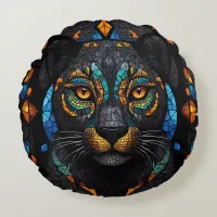 Large Black Cat Mosaic stained Glass effect  Round Pillow