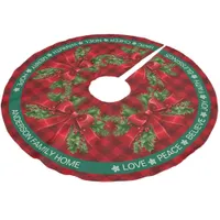 Red Plaid Ribbon Holly Festive Words Christmas Brushed Polyester Tree Skirt