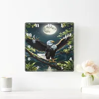 Eagle Spreading Wings on Branch Under Moonlight Square Wall Clock