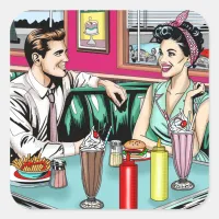 Retro 1950's Couple at Diner Blank Square Sticker